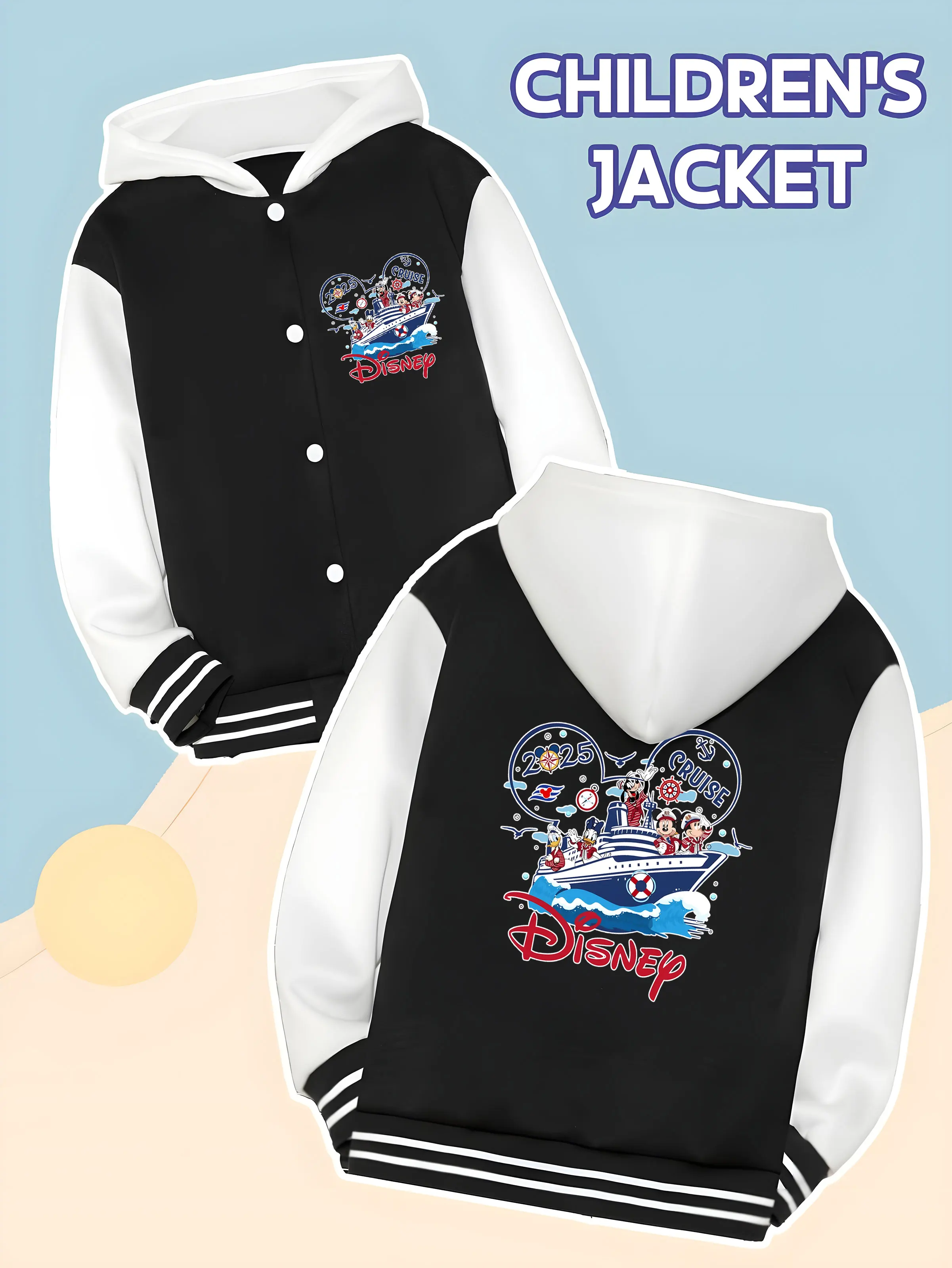 

MINISO Disney Cruise Line themed baseball jacket for boys - Disney Cruise Line and Mickey Mouse prints, perfect for school