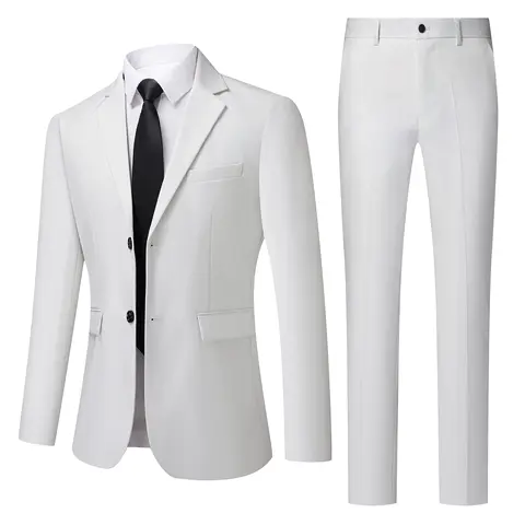Men's White High-End Suit Two-Piece Suit Four Seasons Business Formal Wear Anti-Wrinkle Non-Stick Wool Suit Workplace Work Cloth