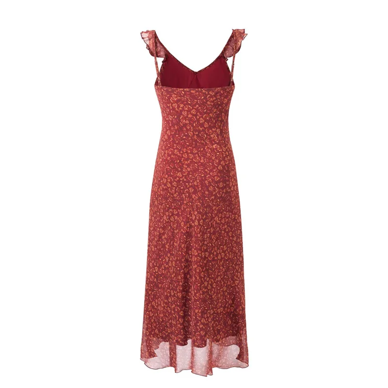 KEANKETIAN 2025 verão novo arco feminino rendas até em camadas com decote em v flor impressão midi vestidos férias vento fino chiffon deslizamento vestido