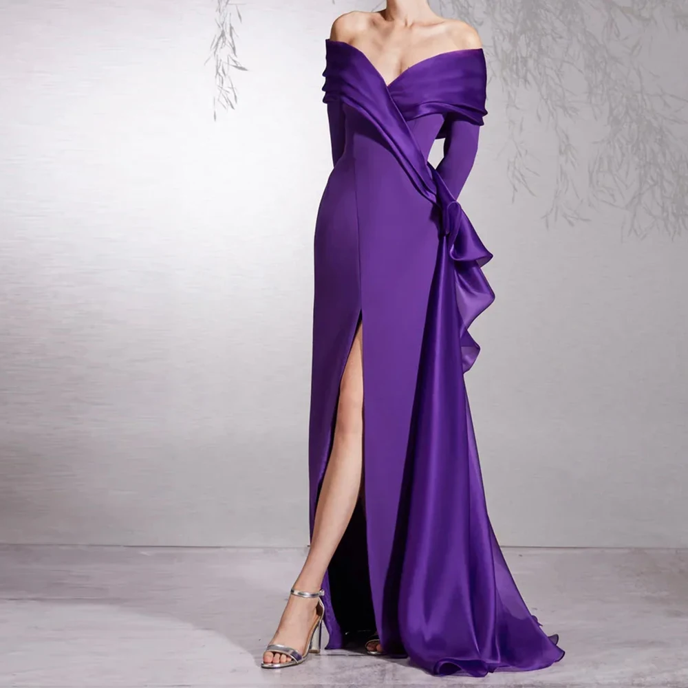 

Women Exquisite A-Line V Neck Off the Shoulder Satin Purple Celebrity Dress Evening Dress Sweep Train RUFFLES Saudi Arabia