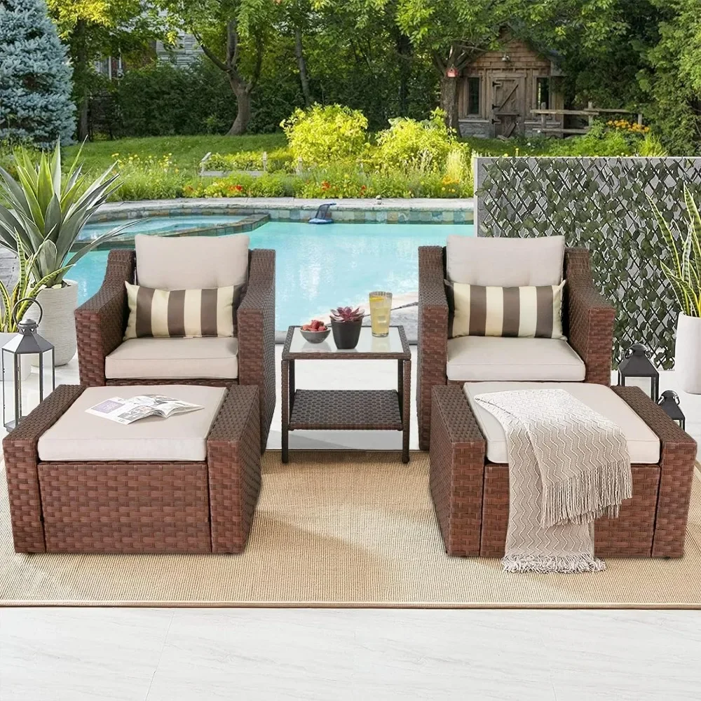 

5 Piece Patio Conversation Set Outdoor Furniture Set,Brown Wicker Lounge Chair with Ottoman Footrest, Coffee Table Mueble Jardin