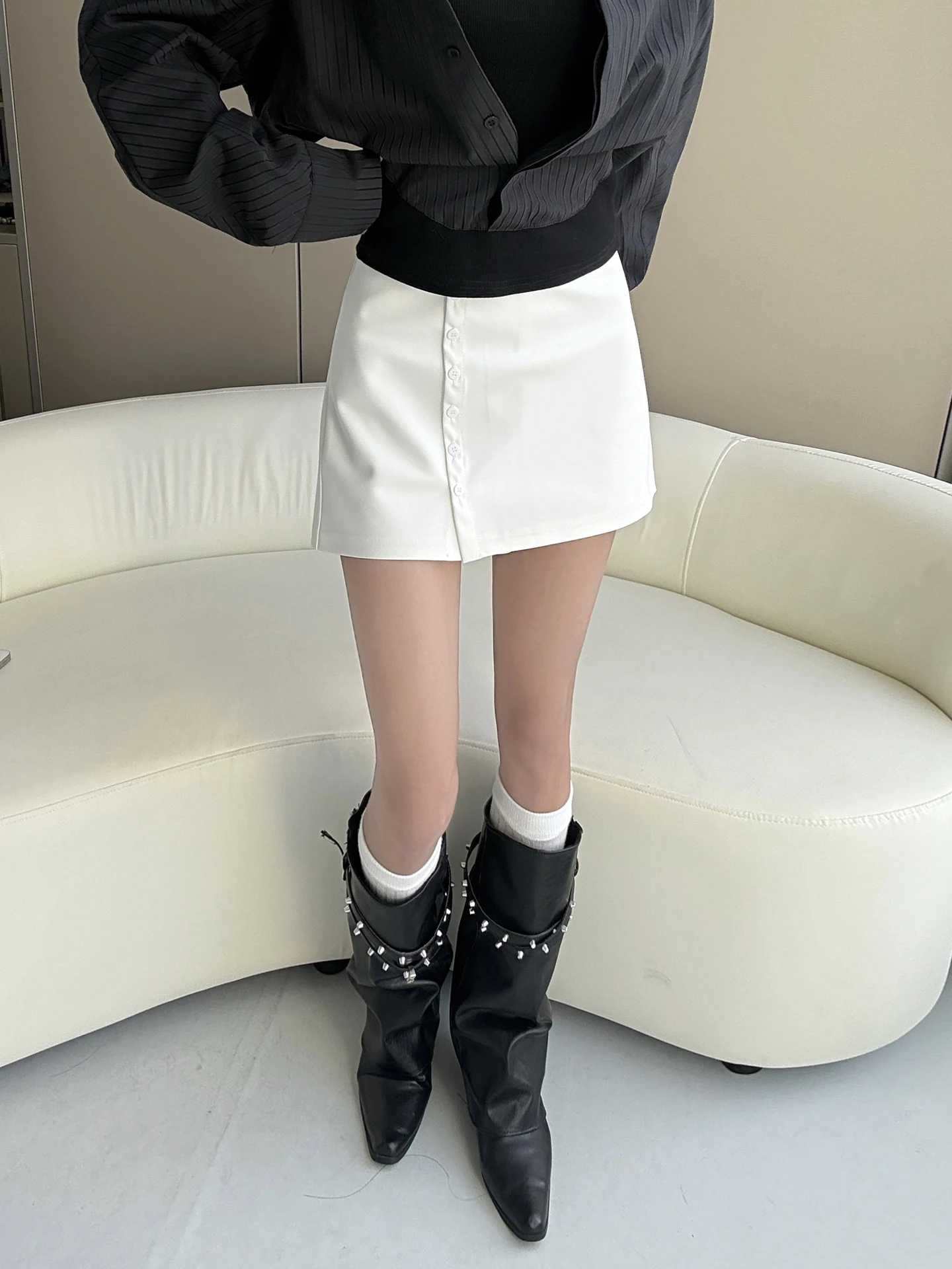 MianCun Spring Summer Red H-Shape Half Skirt Flexible Button Women's Fashionable Inner Lined Polyester Viscose Blend Skirt