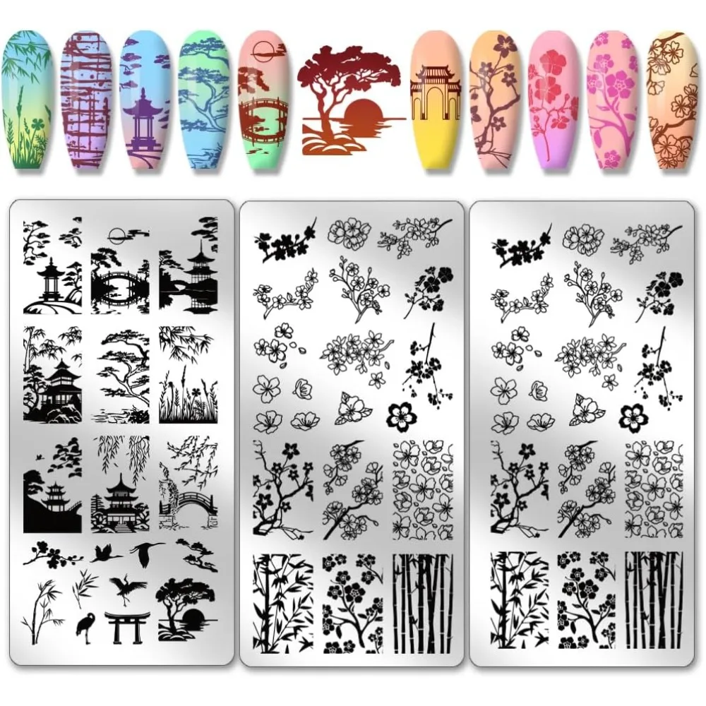 3 шт., классические китайские садовые шаблоны для дизайна ногтей, древний стиль, пластина для штамповки ногтей, павильон, трафареты для дизайна ногтей с цветком сливы 3 шт., классические китайские садовые шаблоны для дизайна ногтей, древний стиль, пластина для штамповки ногтей, павильон, трафареты для дизайна ногтей с цветком сливы