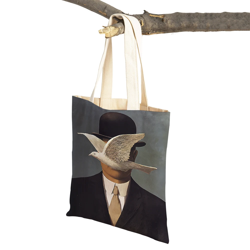 Rene Magritte Painting Surrealism Shopping Bags for Women Double Sided Print Casual Geometric Art Canvas Handbag Shopper Bag