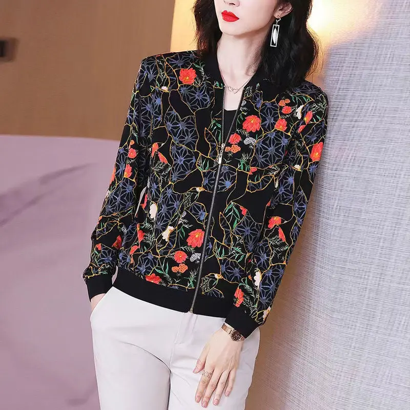 Fashion O-Neck Spliced Zipper All-match Printed Shirt Women Clothing 2023 Autumn New Oversized Casual Tops Loose Commute Blouse