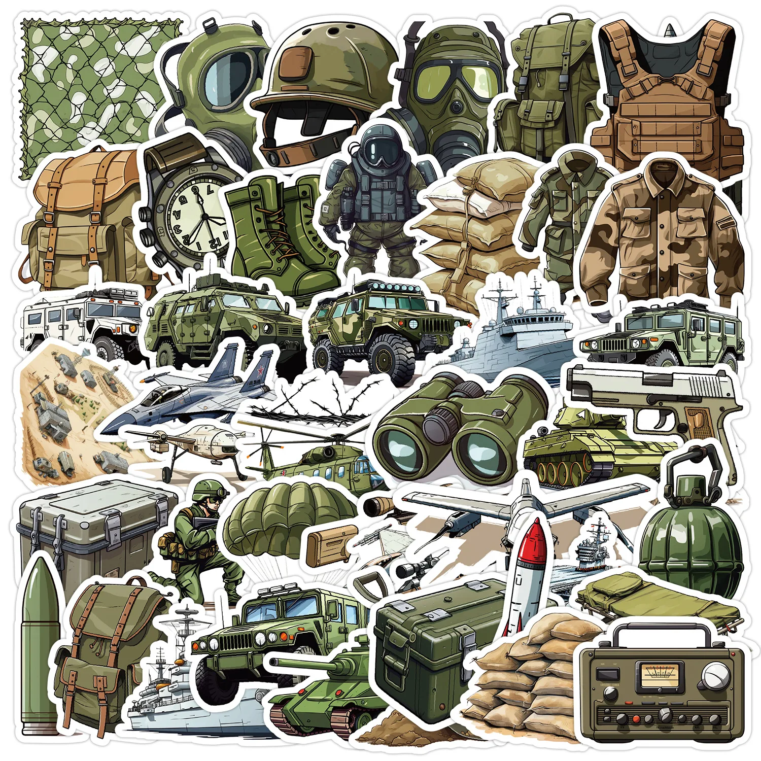 50/100 Stück Militärbegeisterte Thema Cartoon-Ausrüstung HD-Muster Doodle-Aufkleber für Notebook, Schreibwaren, Box, Drucker, Laptop, Tasse