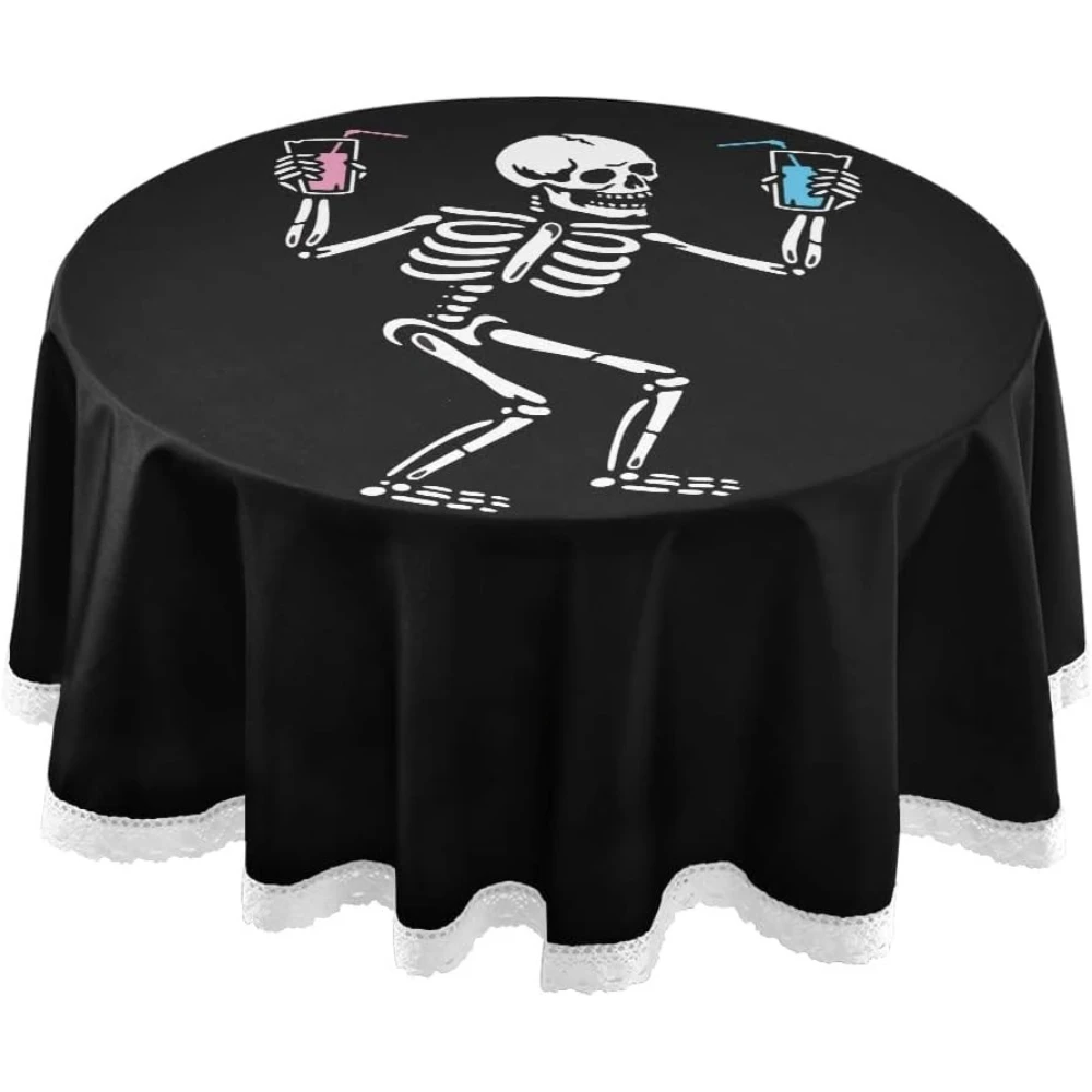 

Lace Tablecloth Funny Skull Skeleton Halloween Washable Dust-Proof Polyester Table Cover for Kitchen Dinning Tabletop 60 In