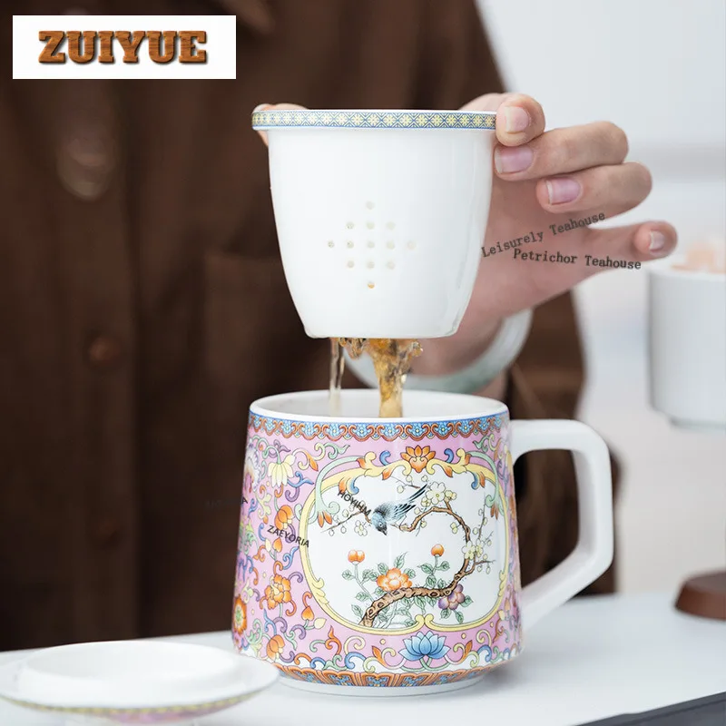 

420ml Pink Colour Enamels Magpie Flowers Filter Tea Separator Cup Handmade Tea Mug With Infuser Tea Maker Office Water Cup Craft