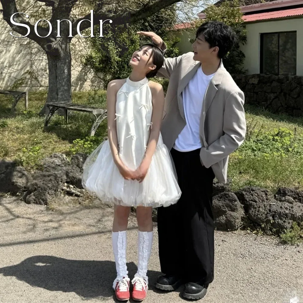 Sondr Customized Lovely Bow Silk Satin Short Korean Wedding Dress Photo Shoot Mini Bride Gown Formal Party Reception Dress