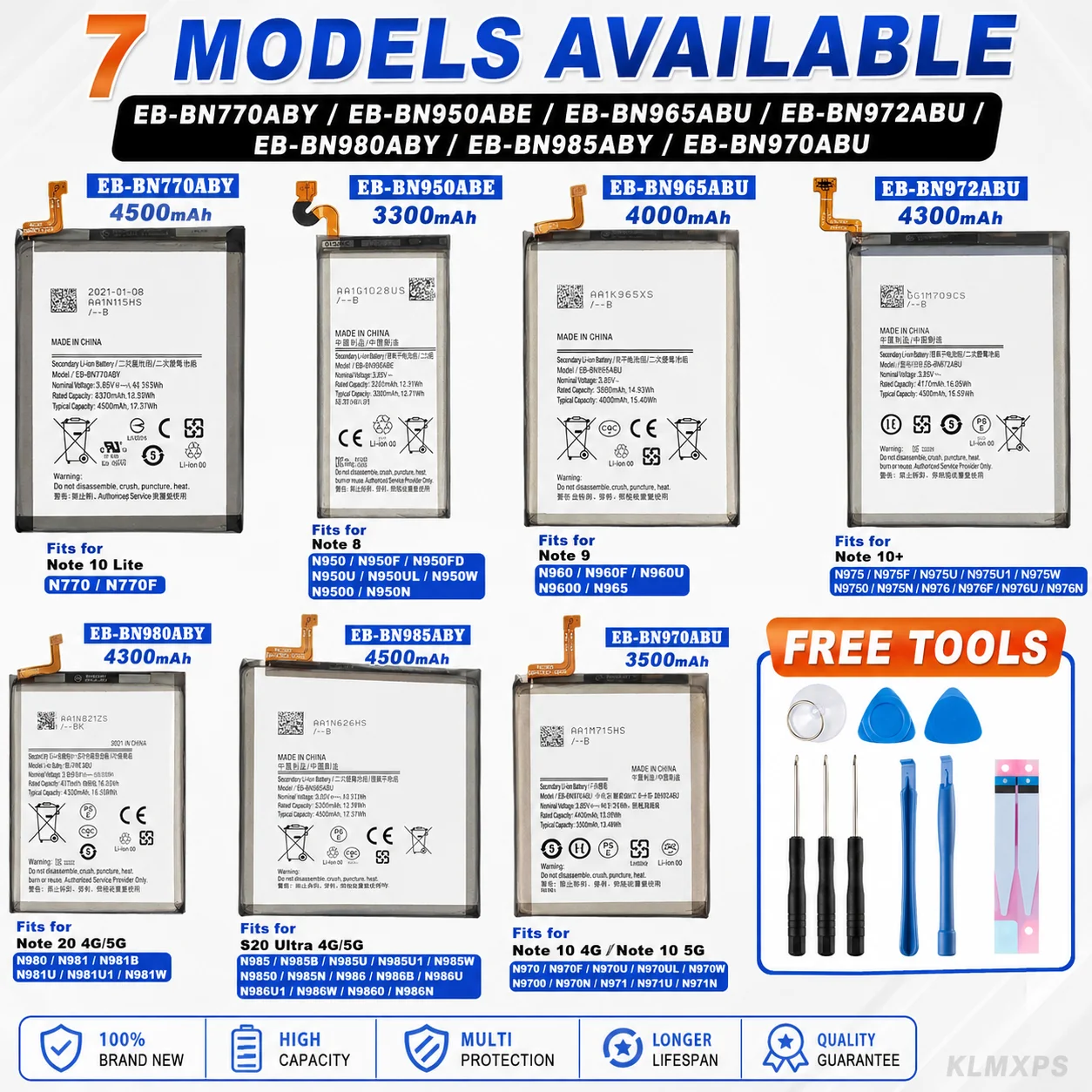 High Capacity Battery for Samsung Galaxy  Series Note 8 Note 9 Note 10 20 Lite  20 Ultra Compatible EB-BN770ABY EB-BN972ABU