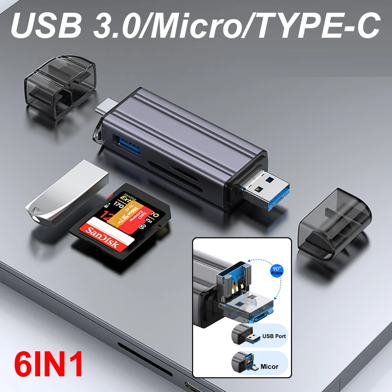 

Многофункциональный кардридер 6-в-1 USB 3.0/Micro/TYPE-C OTG для карт памяти TF/SD, флеш-накопителей, адаптер для телефона, ноутбука, компьютера