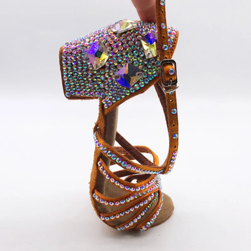 라틴 댄스 성인 어린이 고급 다이아몬드 장식 블랙 풀 삼바 차 탱고 여성용 전문 댄스 신발