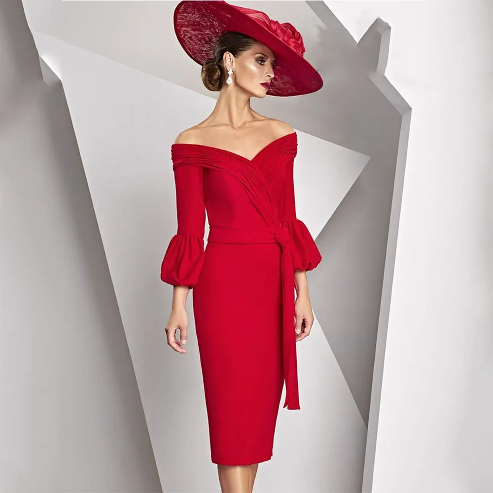 

Elegant Red Mother of the Bride Dresses for Wedding Tea Length Mermaid Wedding Guest Gown 3/4 Sleeves Party Dress