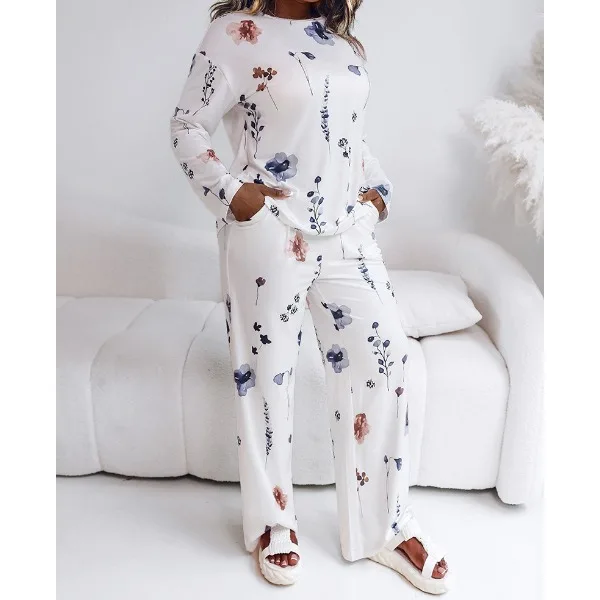 

Casual 2 Pieces Sets Women Floral Print Round Neck with Pockets for Daily Home Loungwear Long Sleeve Top and Floral Pants Suit