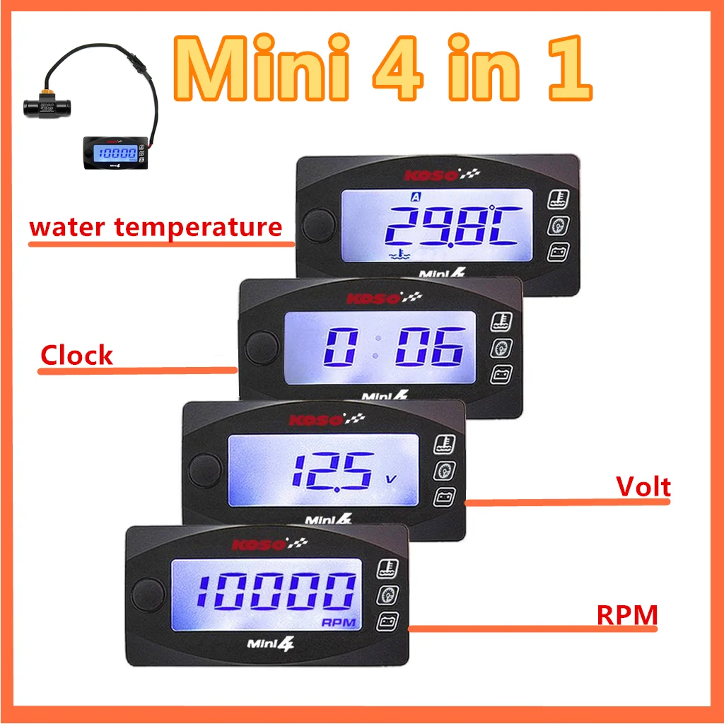 koso Obrotomierz Motocykle RPM temperatura wody NapięcieCzas Mini 4 w 1 LED Cyfrowy wyświetlacz miernika
