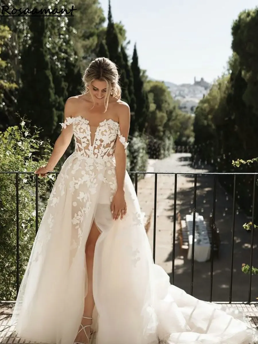 Boho Illusion High Split A-Line Wedding Dresses Off The Shoulder Appliques Lace Country Bridal Gowns