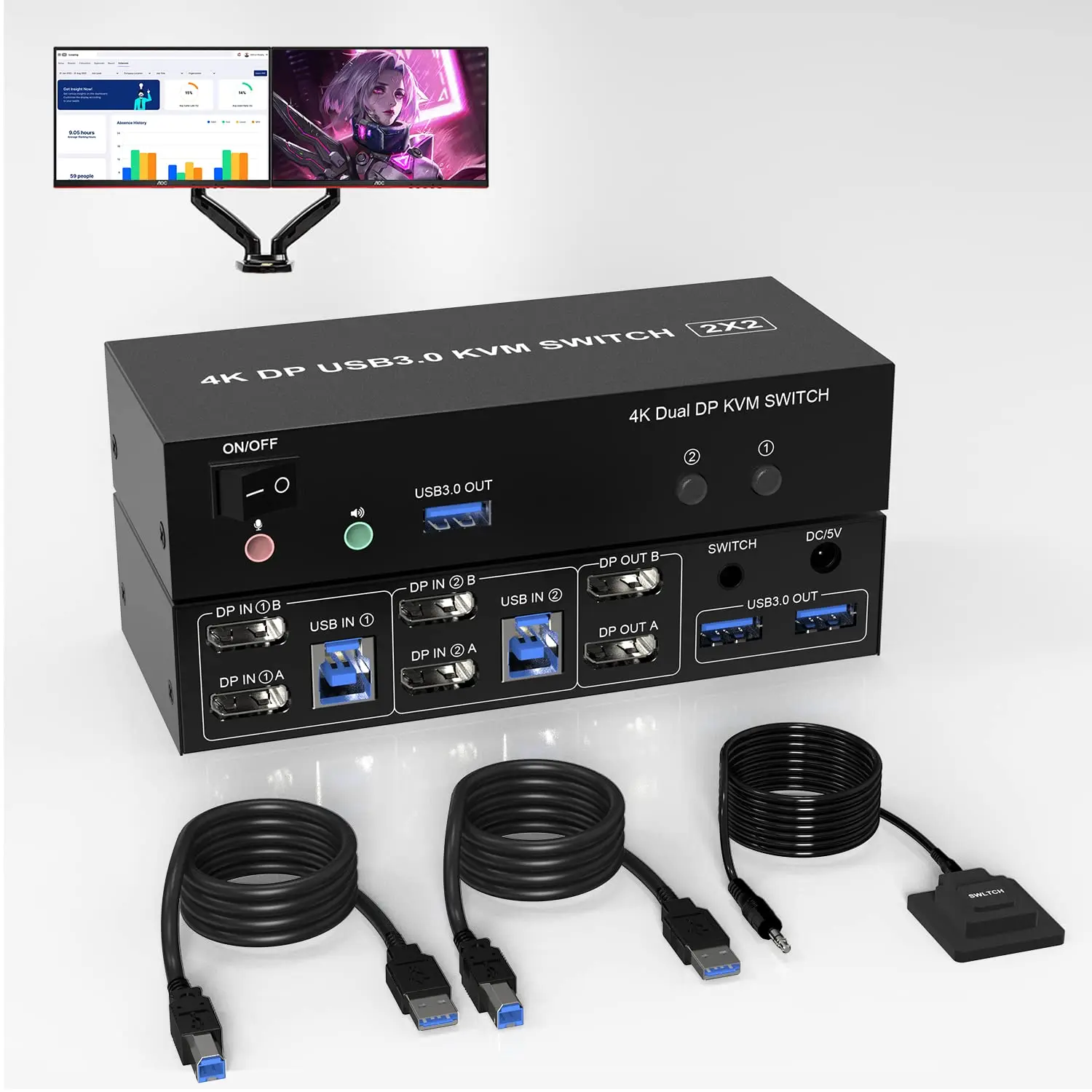 Interruptor KVM de Monitor Dual, DisplayPort 4K @ 60Hz DP KVM, 2 PC, 2 monitores, interruptores KVM con 3 puertos USB 3,0 + Audio + Micrófono