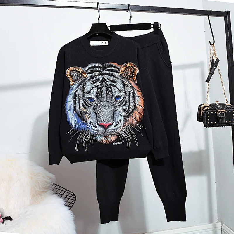 Black White Gray Knitted Tracksuit Outfits Women Manual Sequins Tiger Sweater Pencil Pants Set Loose Casual Knitting Suit Female