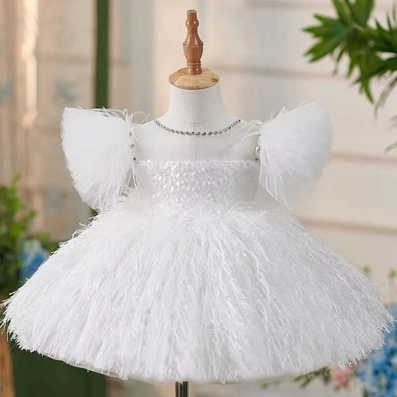 Jill Wish Cute White Puffy Sleeve Flower Girl Dress Feathers Knee Length Princess Baby Wedding Birthday Party Holiday Gown J304