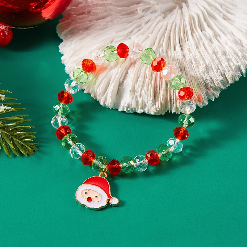 Bonita pulsera navideña con cuentas de cristal para mujer, Papá Noel, árbol de Navidad, colgante de copo de nieve, brazalete de cuentas, joyería para fiesta de Año Nuevo