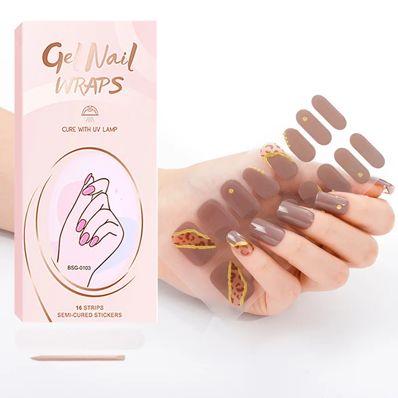 16Tips Gradient Red Marble Gold Line Semi Cured Gel Nail Strips DIY Gel Polish Stickers for Nails Work with UV/LED