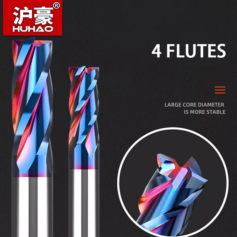 HUHAO Milling Cutter 8mm Metal Aluminum CNC Machining Tools 4 Teeth Carbide Stainless End Mill HRC65 Nano Coating Endmills