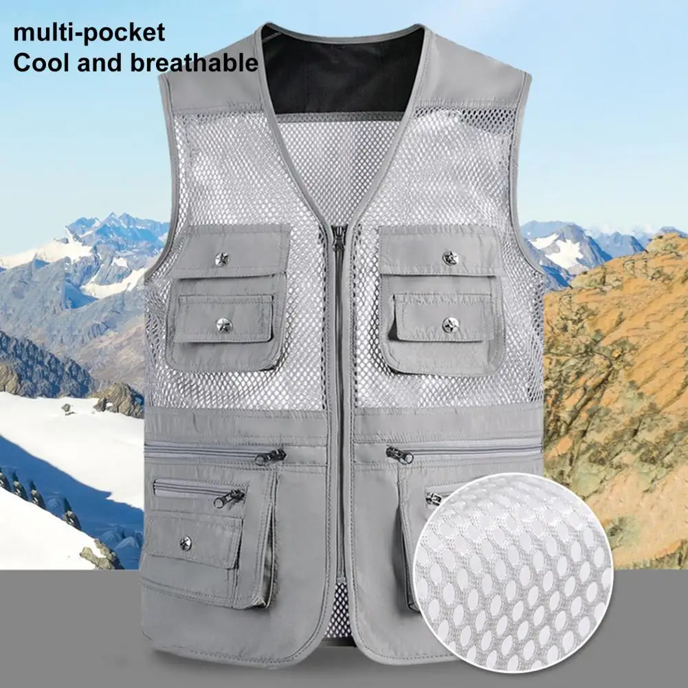 Men Vest Outdoor Waistcoat 10 Pockets Hollow Mesh Breathable Sleeveless Zipper Closure V Neck Fishing Camping Unisex Waistcoat