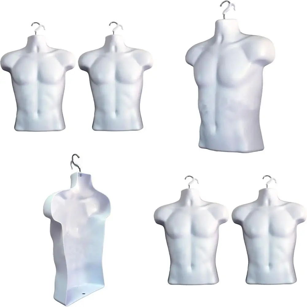 

Stackable White Male Mannequin Set of 2 for S-M Clothing, with Hollow Back, Hanging Hooks, and Counter Display Options