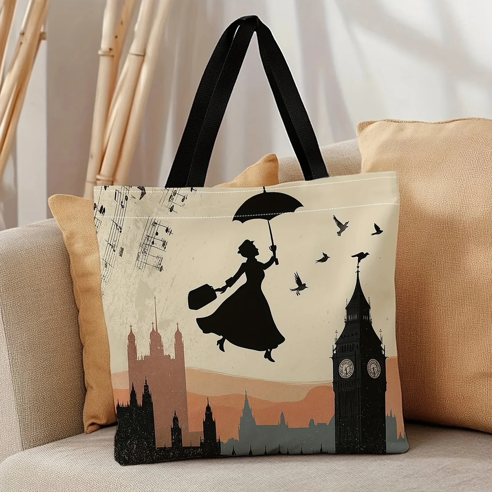 Einkaufstaschen aus Canvas mit großem Fassungsvermögen und viktorianischem London-Motiv (Big Ben, Mary Poppins Regenschirm) – wiederverwendbar. – Detail 2