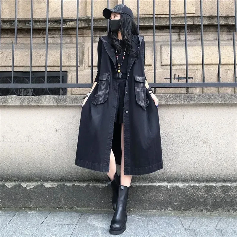 

Vest Women Spring Autumn Mid-length Hooded stitching Retro Washed Sleeveless Jeans Vest Women Waistcoats Tops