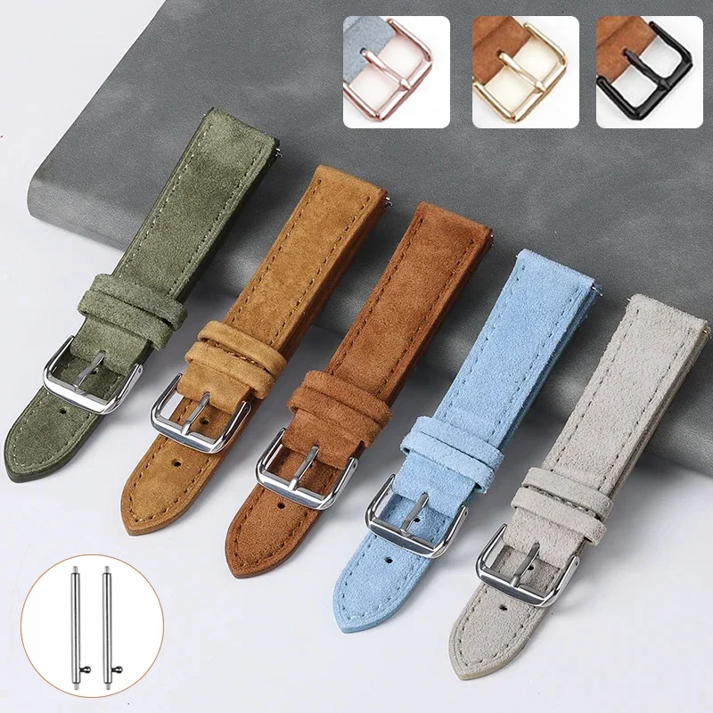 18mm 19mm 20mm 22mm 24mm Soft Suede Leather Watchband Steel Pin Buckle Wristband Blue Brown Green Watch Strap Quick Release Belt