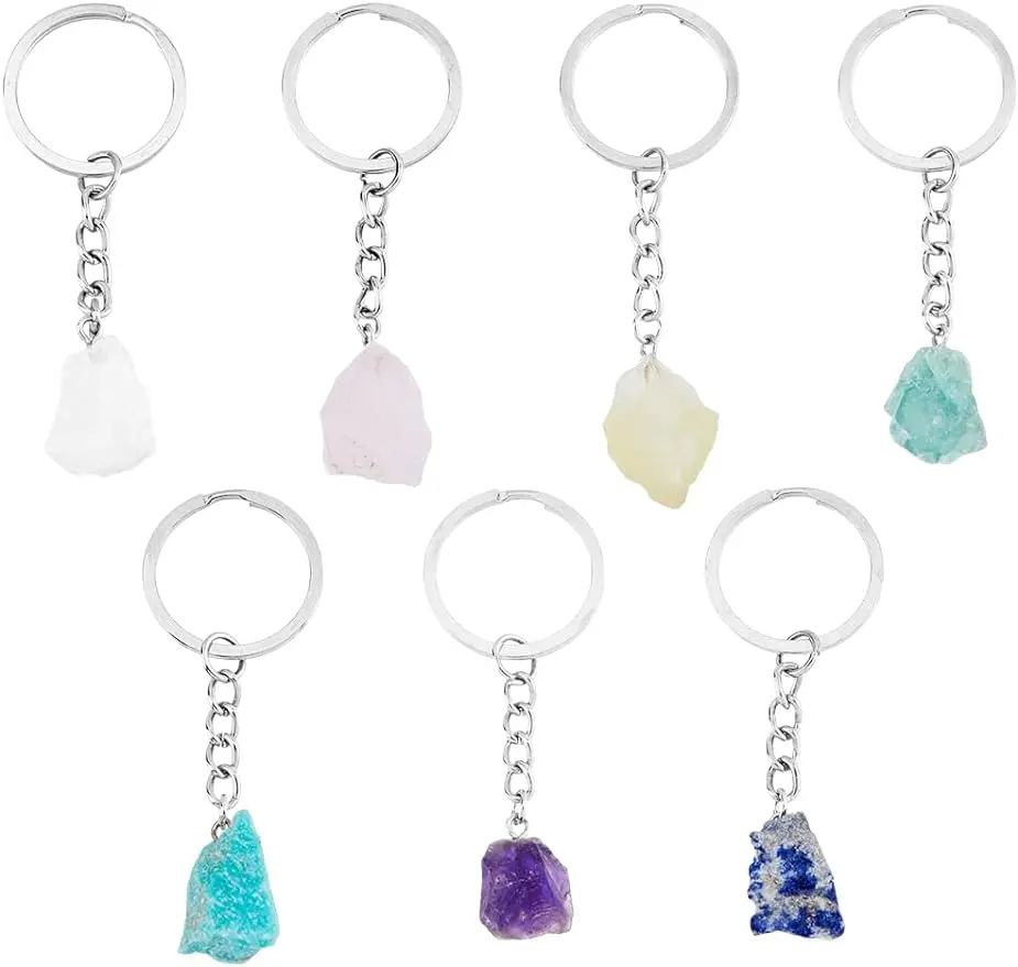 

7Pcs 7Colors Natural Gemstone Keychain Amethyst Green Aventurine Amazonite Keychain Chakra Yoga Keychain Inspirational Stone