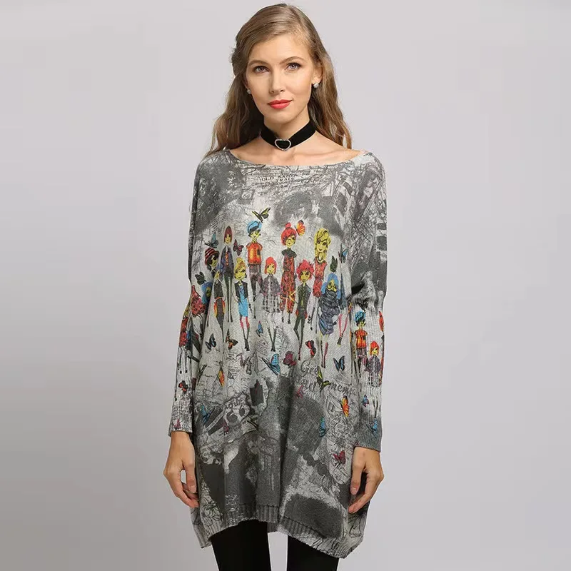 Vrouwen Batwing Mouw Trui Herfst Winter Losse Gebreide Truien Casual Alle Match Printing Tops Voor Vrouwelijke Streetwear