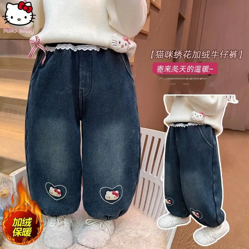 

Girls' Thickened Anime Cat Jeans Cartoon Autumn Winter All In One Warm Leggings Kawaii Children's Straight Pant Fashionable Pant