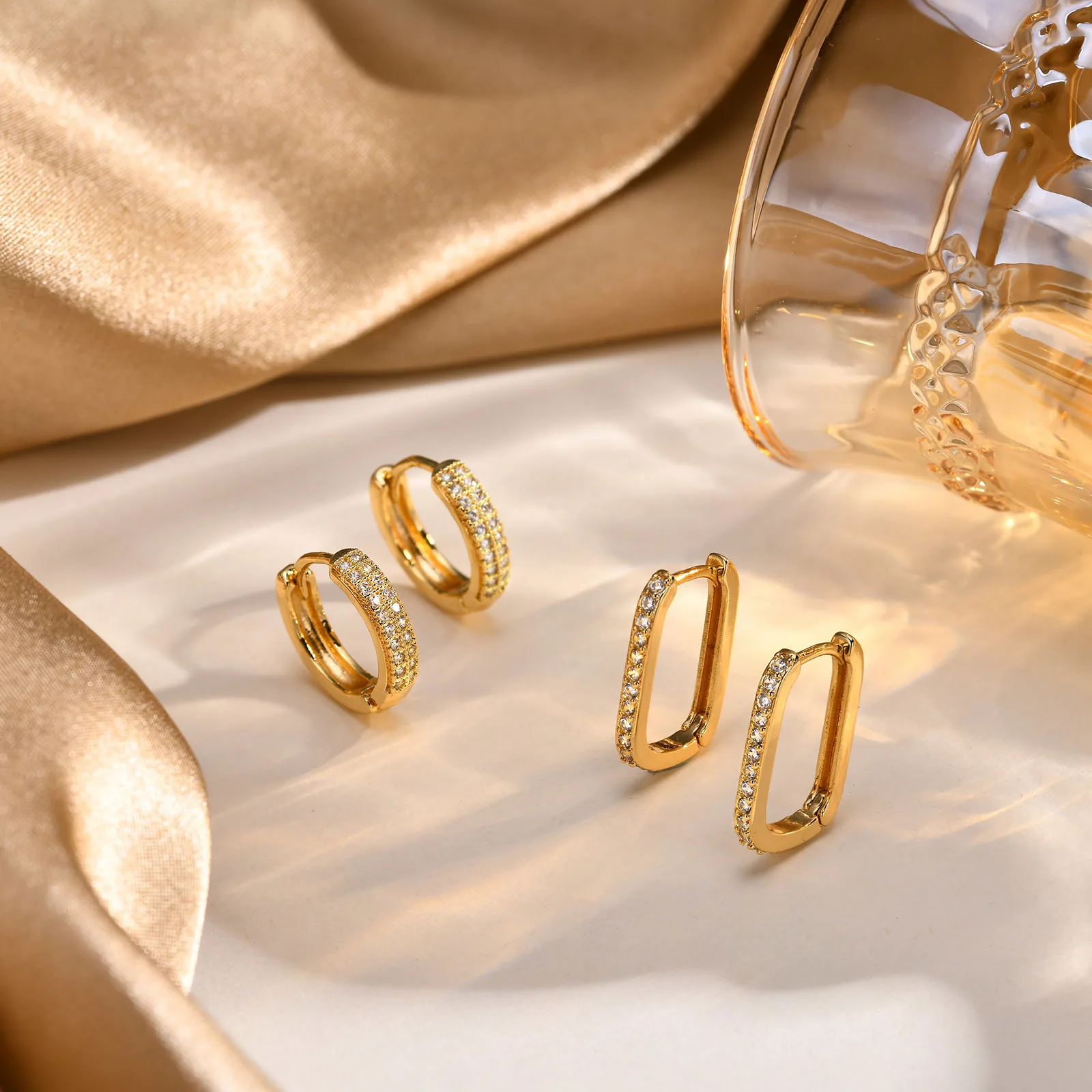 Deluxe Round Hoop Earrings for Men Women,Gold Color Metal Square Geometric Huggie Hoops Earrings with Bling CZ Stone