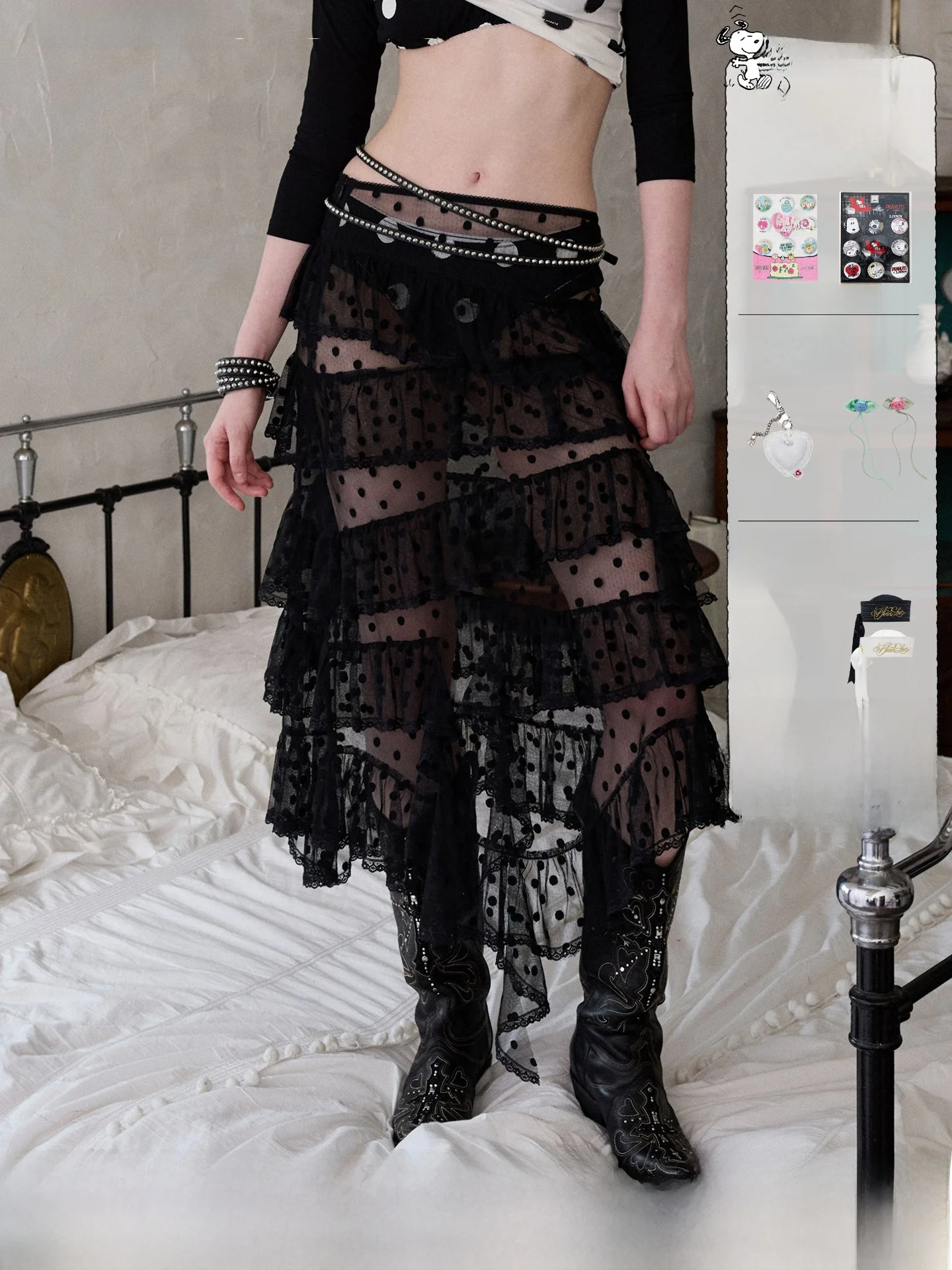

Retro Sweet Polka Dot Lace Tulle Half Skirt Women's Irregular Splicing Puffy Cake Skirt Low Waist Design Polyester Fiber