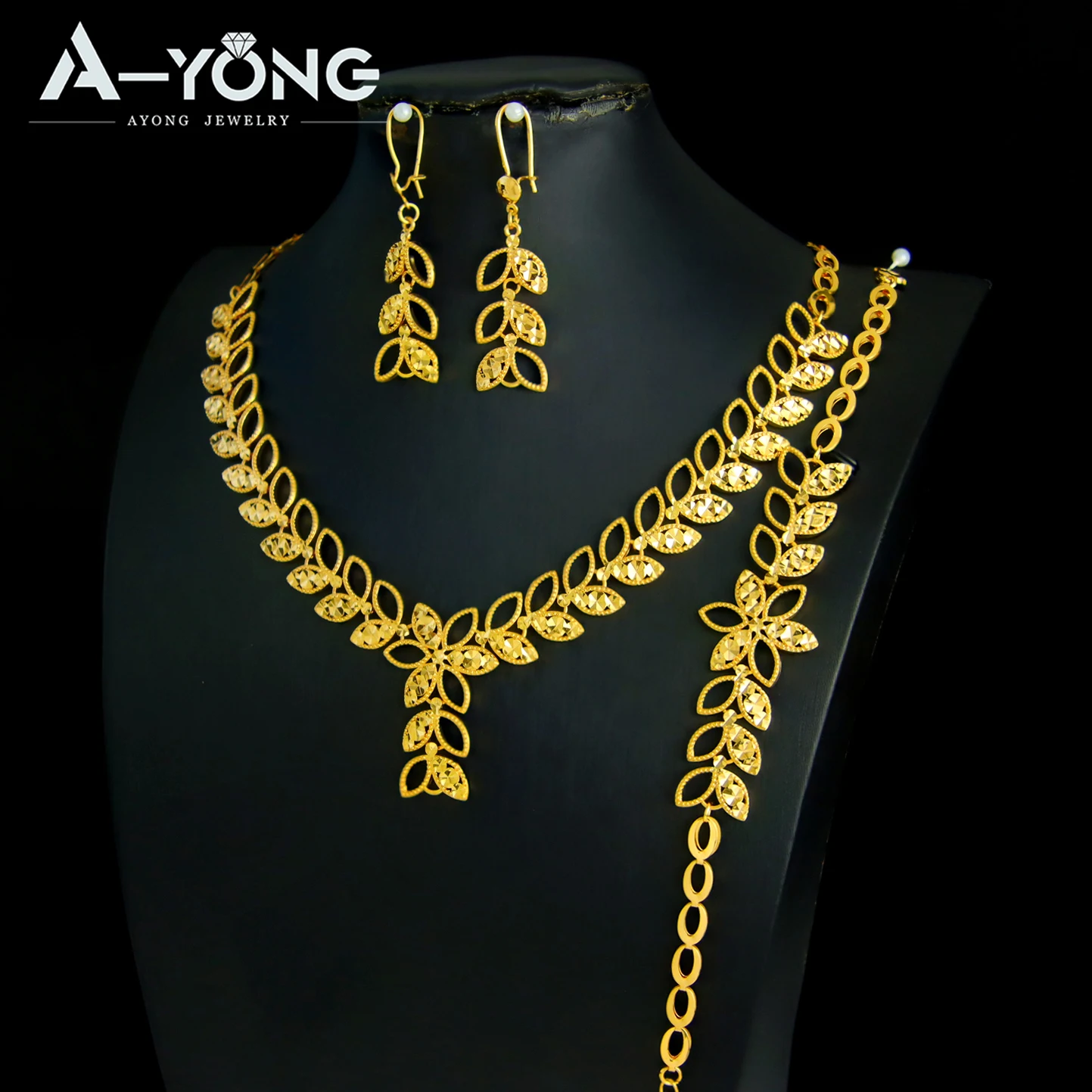 Luxuriöses Dubai Brautschmuck-Set 21k Vergoldet Nigeria Elegante Halskette Armband Ohrringe Arabischer Frauen Party-Schmuck – Detail 18
