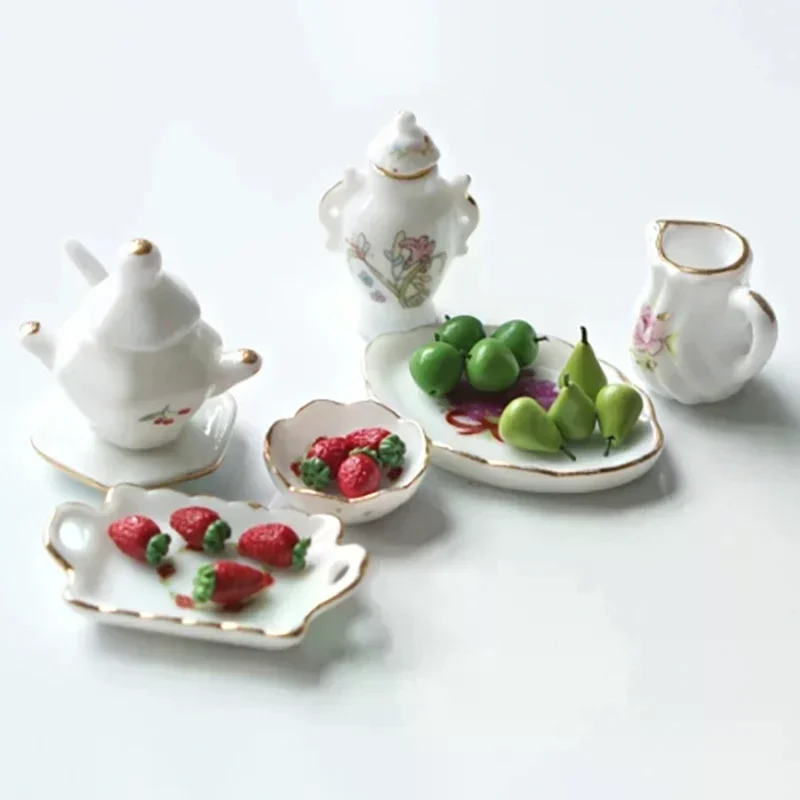 1/12 Poppenhuis Miniatuur Keramische Thee Kit Simulatie Ketel Plaat Model Keuken Accessoires Voor Poppenhuis Decoratie Speelgoed