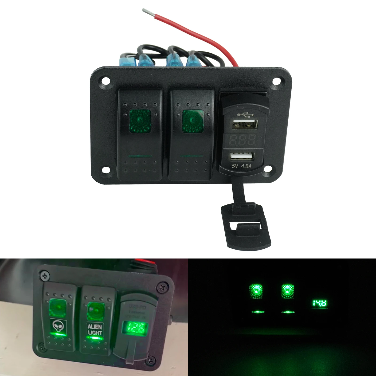 

Панель с двумя USB-портами, 12В/24В, зеленый светодиодный цифровой вольтметр, зарядное устройство, панель с тумблерами для автомобиля, лодки, грузовика ﻿ Автодом (кемпер)