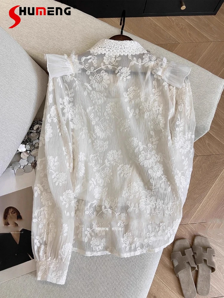 

Женские осенние новые кружевные топы с лацканами, модные рубашки с вышивкой стразами, женские стильные рубашки с длинными рукавами и краем листьев лотоса