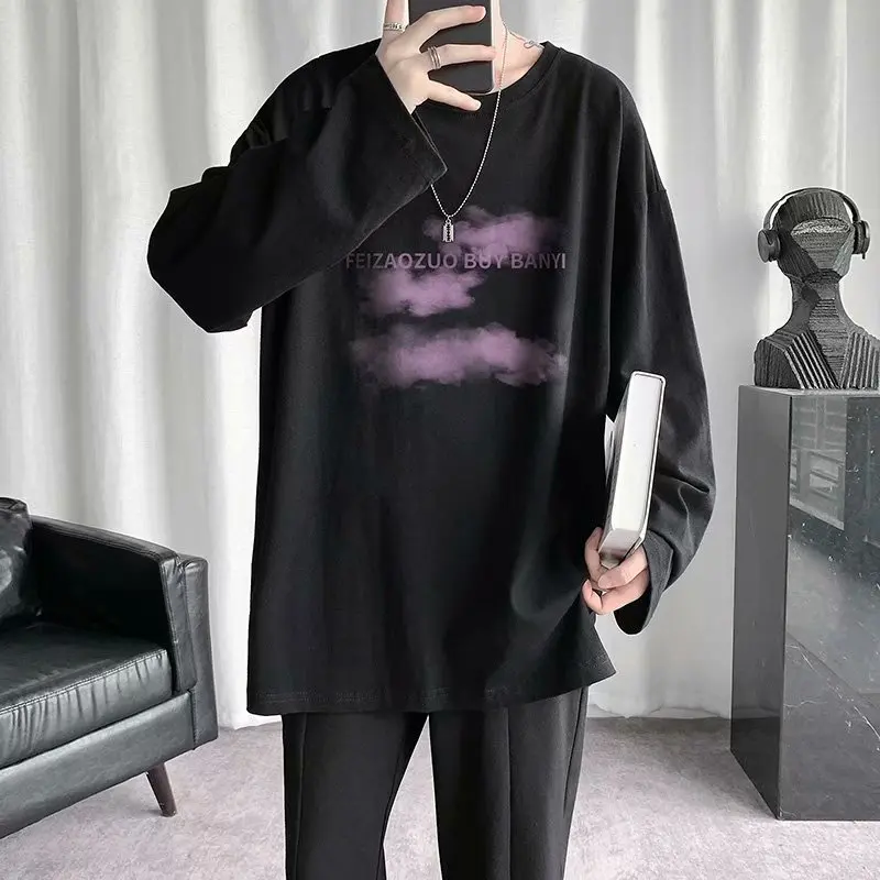 

Hong Kong Style Long-sleeved T-shirt Men Tide Ins Harajuku Tide Men with Handsome Body Shirt Loose Fall Bottoming Shirt Tops Men
