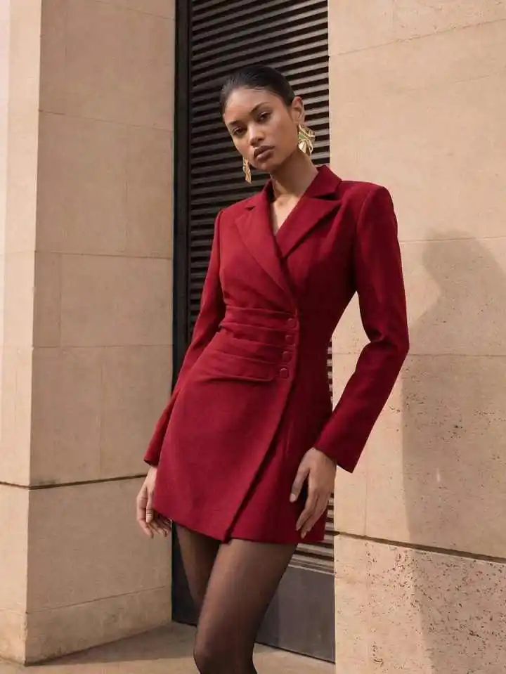 Women Blazer Dress Notched Lapel Long Sleeve Button Slim Waist Wrap Short Formal Outfit For Cocktail Party Banquet Customized