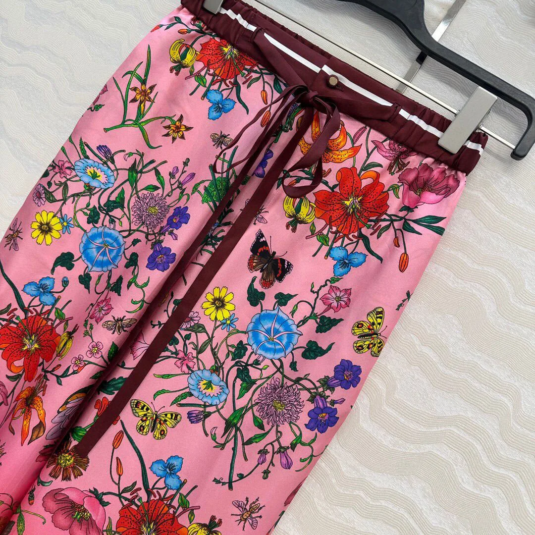 Novo outono vintage 100% seda calças de perna larga feminina elástica cintura alta cinto vermelho floral impressão solta calças casuais