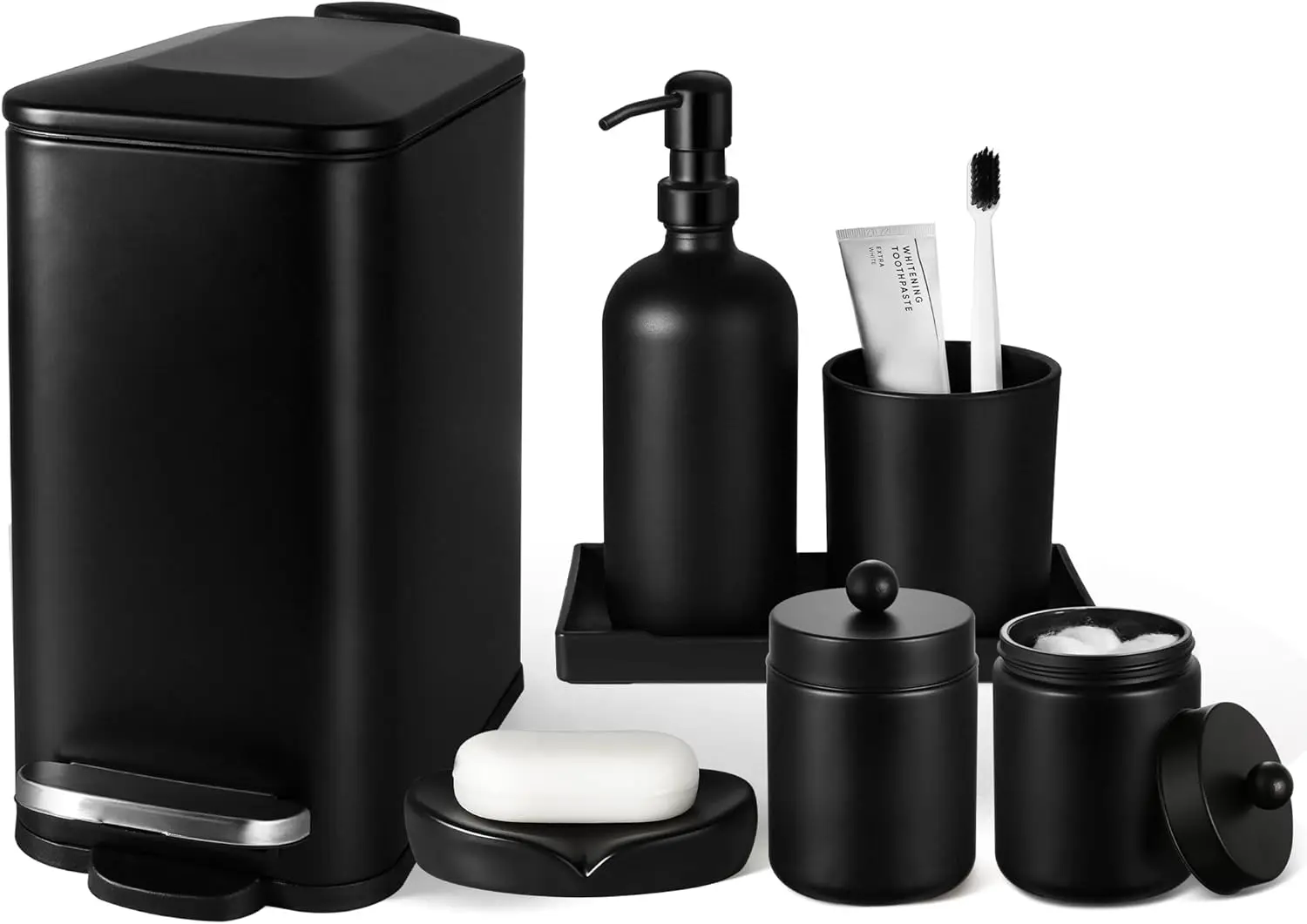 

7-Piece Matte Black Bathroom Set with Trash Can, Soap Dispenser, Holder, Dish, Tray - Modern Decor