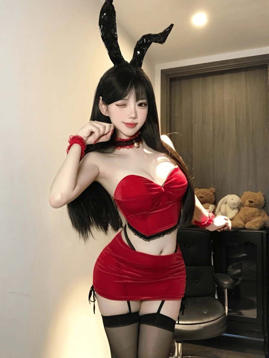 Sexy Bunny Girl Deep V Neck Uniform Set Women's Night Club Outfit Chest Wrap Skirt One Shoulder Design Polyester Material