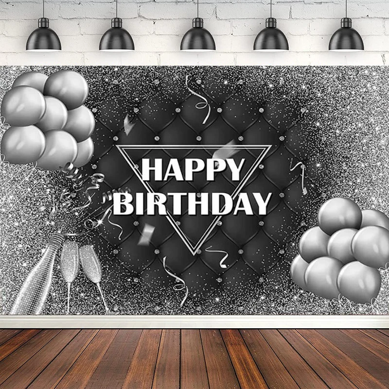 Photography Backdrop Sliver Sliver Balloons Poster Decoration Champagne Happy Birthday Background Adult Theme Party Banner