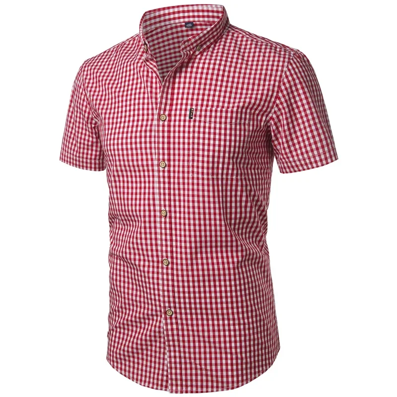 

Mens Red Small Plaid Shirts Summer Short Sleeve Cotton Dress Shirts Business Casual Button Down Chemise Homme Camisa Masculina