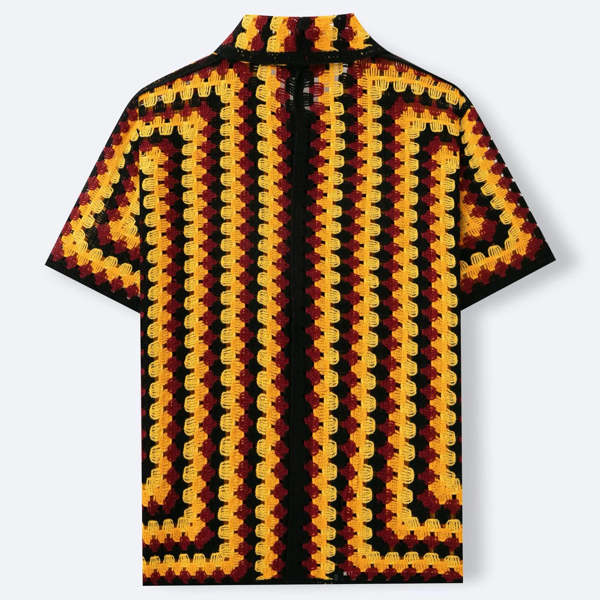 Men's crochet knitted luxury fashion cardigan summer retro wave pattern hollow vacation style polo shirt top