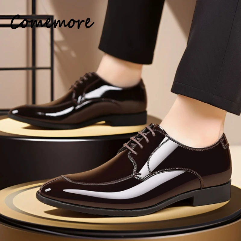 

Comemore Patent Leather Men Dress Shoes Luxury Pointed Toe Men's Business Oxford Footwears Fashion Wedding Party Male Plus Size