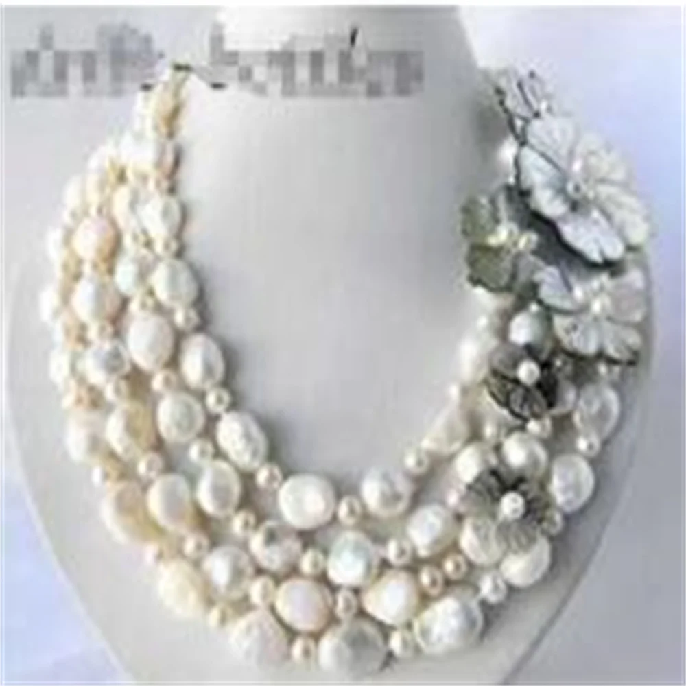 4Srands 18\'\' 12mm Black Coffee White Baroque Round Freshwater Pearl Shell Flower Necklace